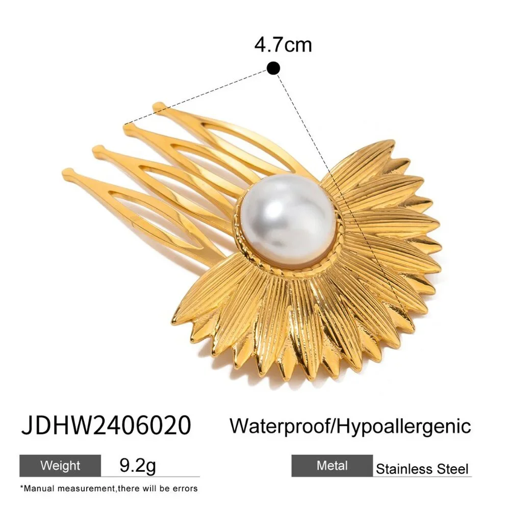 18K Gold Plated Sunburst Floral Hair Comb Pearl Statement Barrette Waterproof